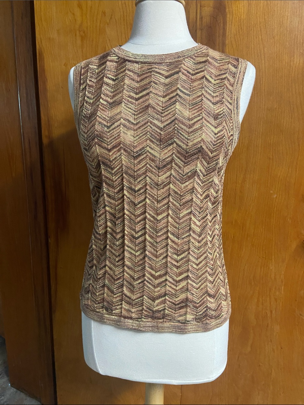 MISSONI Sleeveless Chevron Knit Tank Top - Brown & Cream Metallic L
